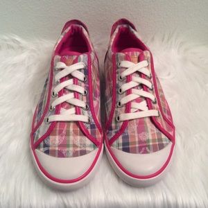 Coach pink leather with plaid fabric sneakers.